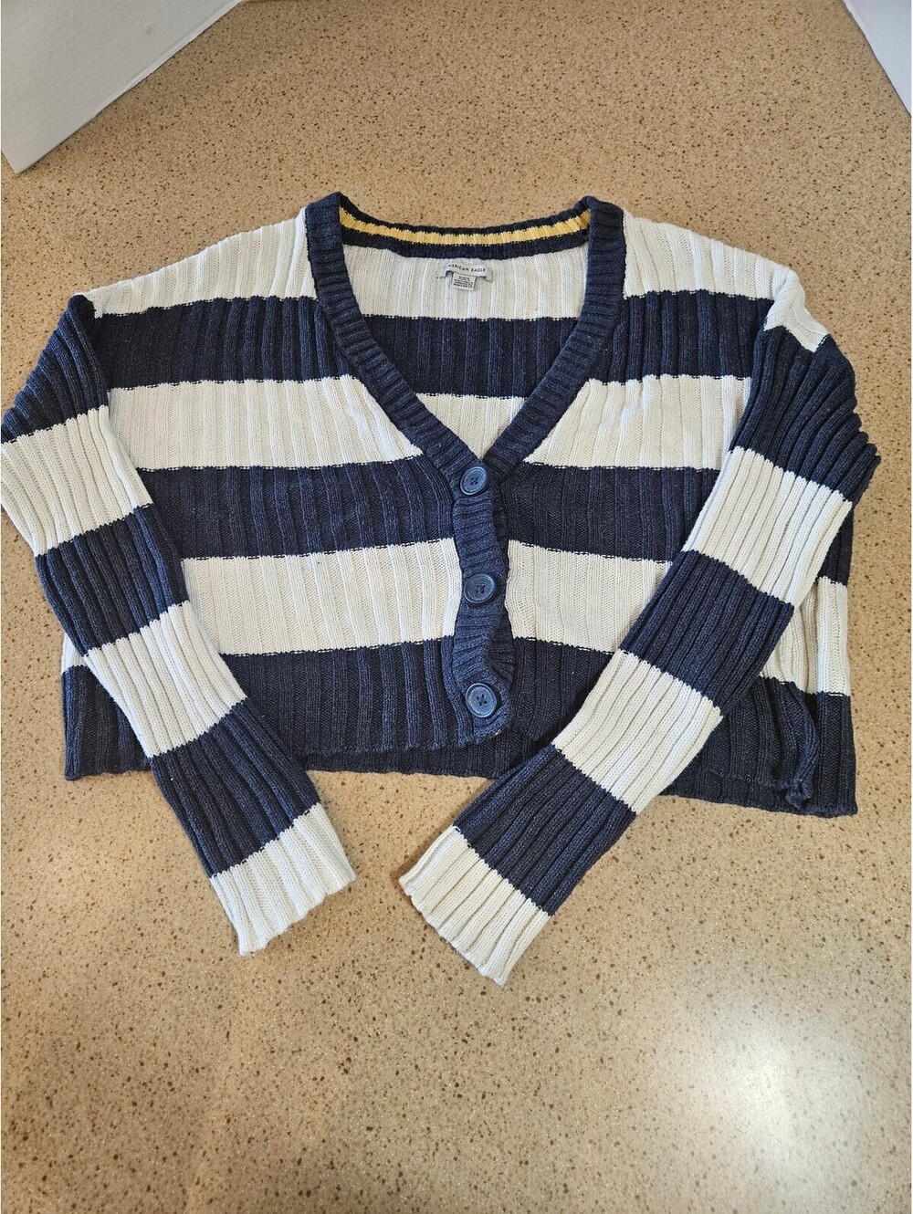 American Eagle blue white striped rib knit cardigan size M